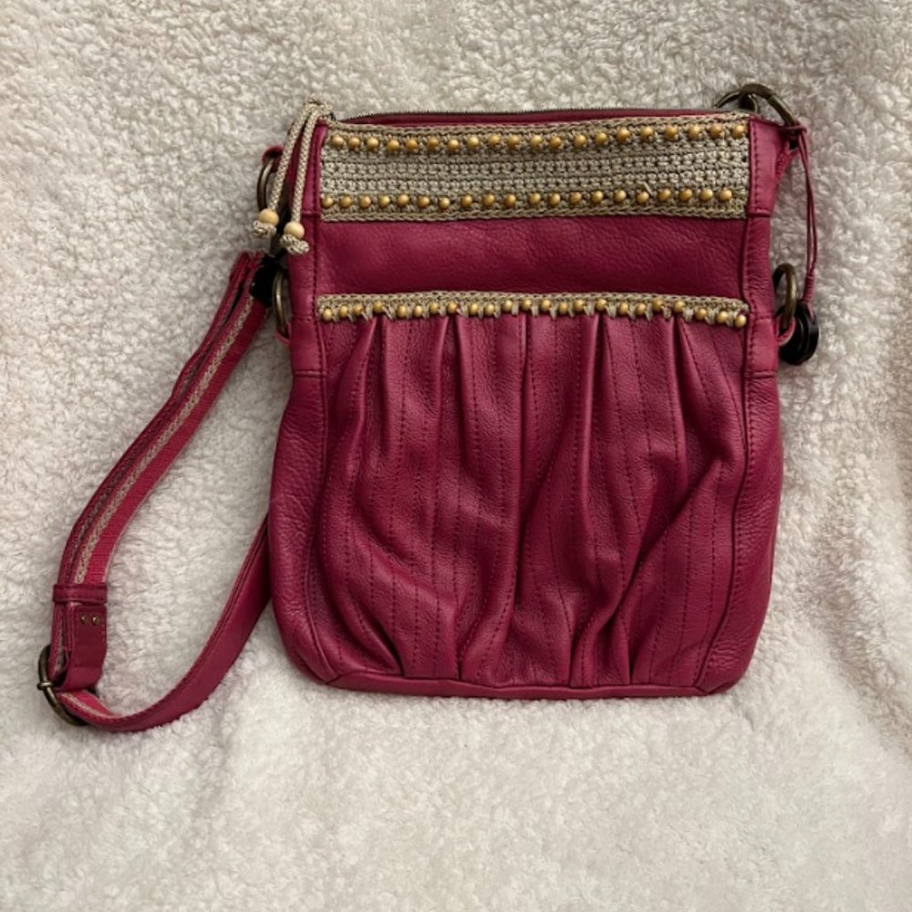 The Sak Cranberry Leather Crossbody with Crochet Top- Gently Used